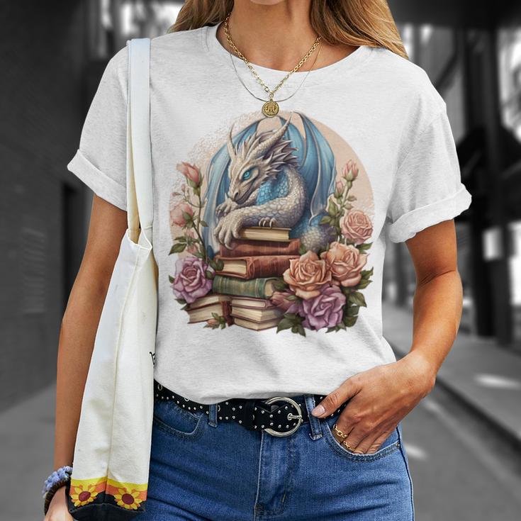 Fantasy Dragon Books Floral Boho Bookworm T-Shirt Gifts for Her