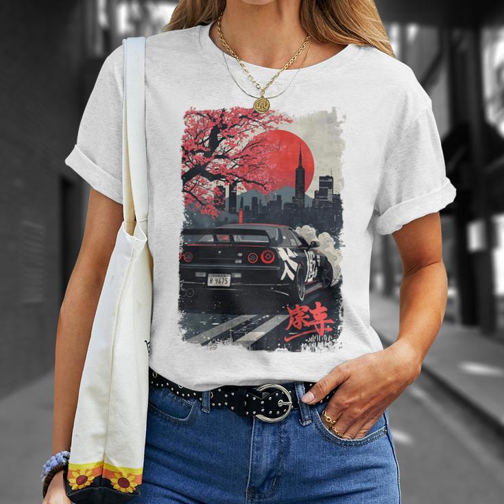 Jdm ドリフトレーシングカー 日本桜アート 背面 Tシャツ 彼女への贈り物