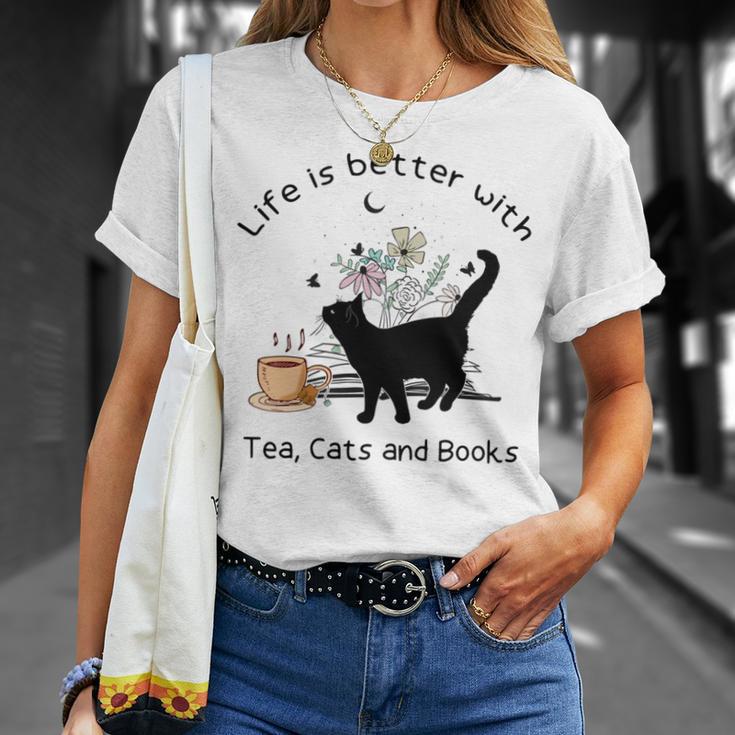 Life Is Better With Tea Cats And Books Cat Sayings T-Shirt Gifts for Her