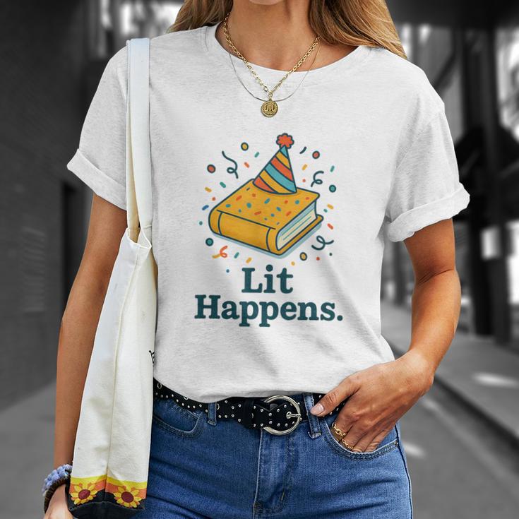 Lit Happens Book Party Hat Confetti Literary Pun T-Shirt Gifts for Her Lit Happens Book Party Hat Confetti Literary Pun T-Shirt Gifts for Her