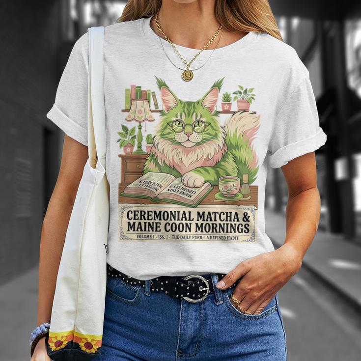 Matcha Drinking Maine Coon Cat Reading Books Aesthetic T-Shirt Gifts for Her