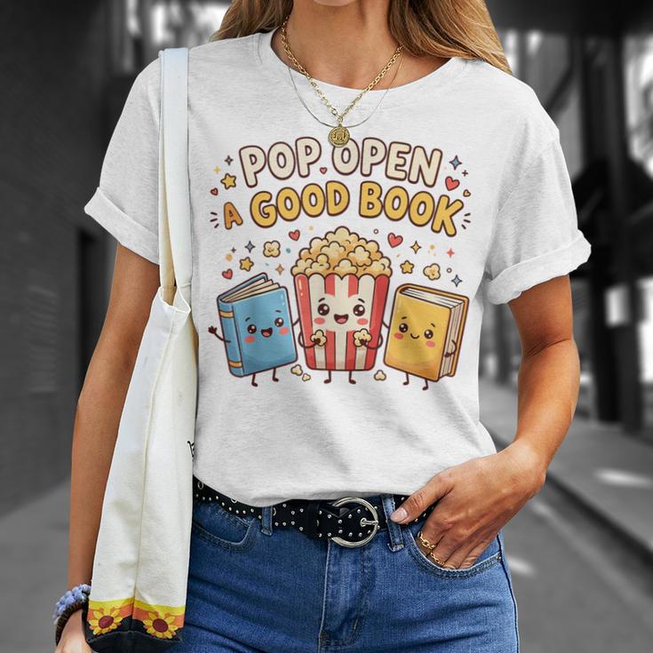 Pop Open A Good Book For School Librarian Popcorn T-Shirt Gifts for Her