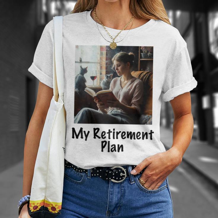 My Retirement Plan Cat Lover Wine Drinker Book Reader T-Shirt Gifts for Her