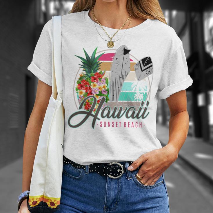 Sunset Beach Hawaii、サーフィンサーフボードレトロ、バックプリント 長袖tシャツ Tシャツ 彼女への贈り物