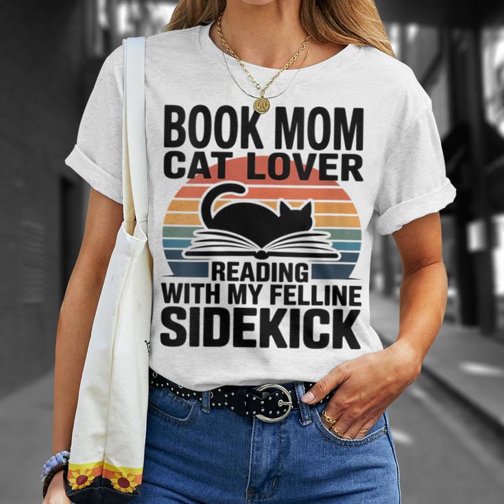 Women's Book Mom Cat Lover Reading With My Felline Sidekick T-Shirt Gifts for Her
