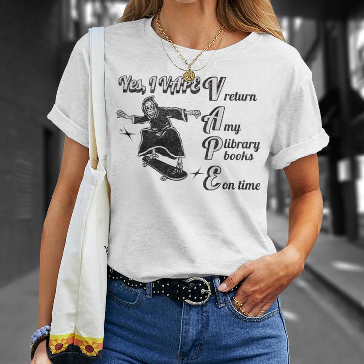 Yes I Vape Return My Library Books On Time Skeleton Skater T-Shirt Gifts for Her