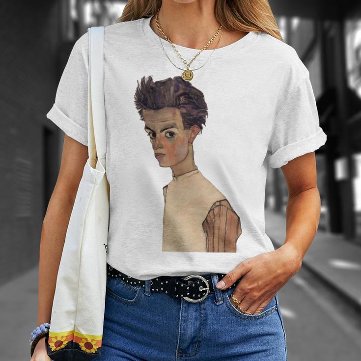 エゴン・シーレ作1910ストライプシャツの自画像 Tシャツ 彼女への贈り物