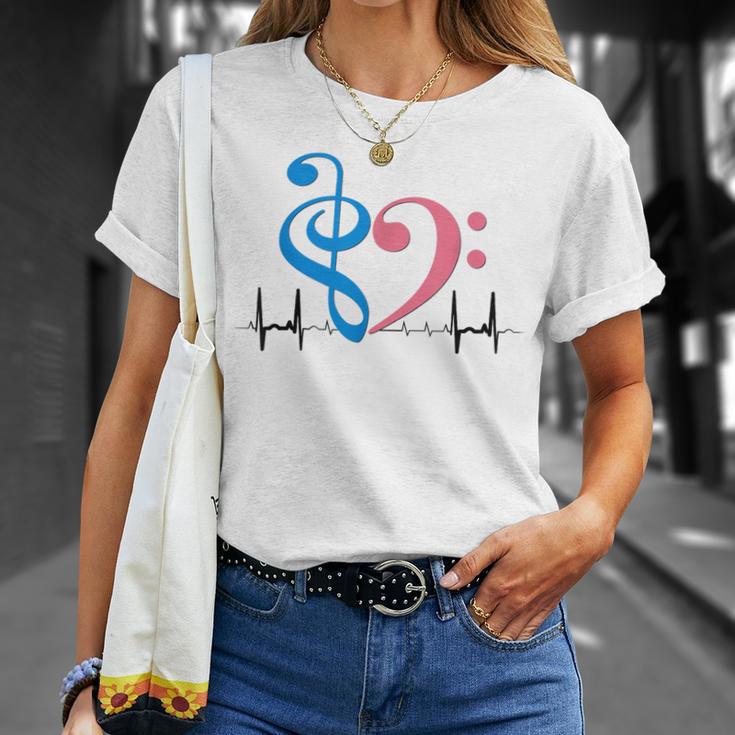 ツートーン 低音記号 ハート Ekg ウェーブ シアン&バブルガム ピンク Tシャツ 彼女への贈り物