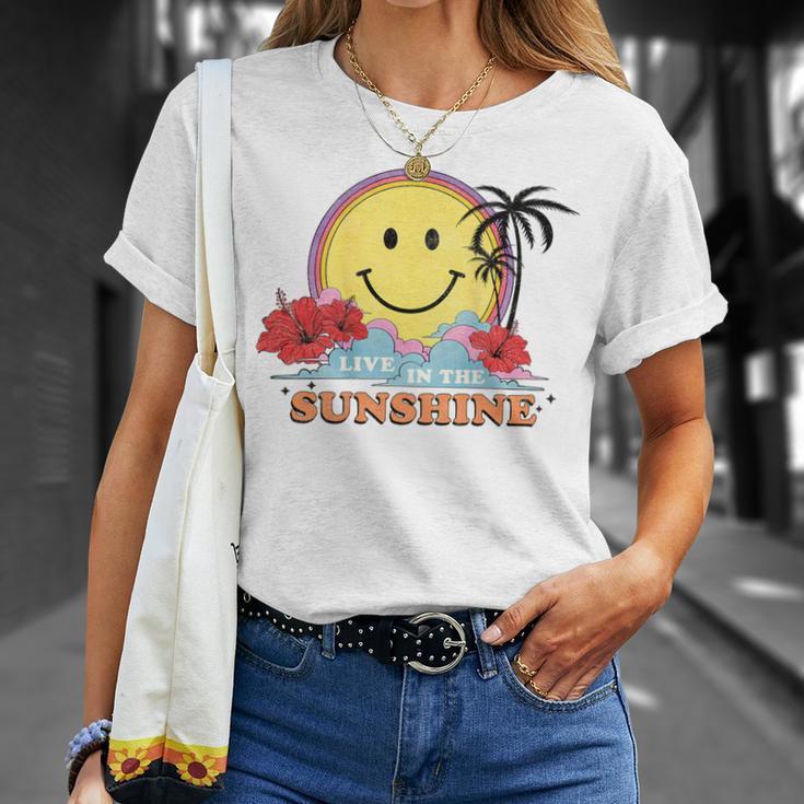 レトロなハッピーフェイス ハイビスカス ヤシの木「太陽に生きる」ビーチ Tシャツ 彼女への贈り物