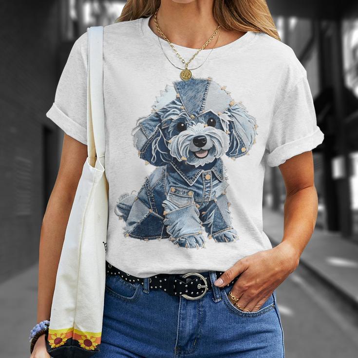 レトロデニムパッチプードル ドッグアート 芸術的 Tシャツ 彼女への贈り物
