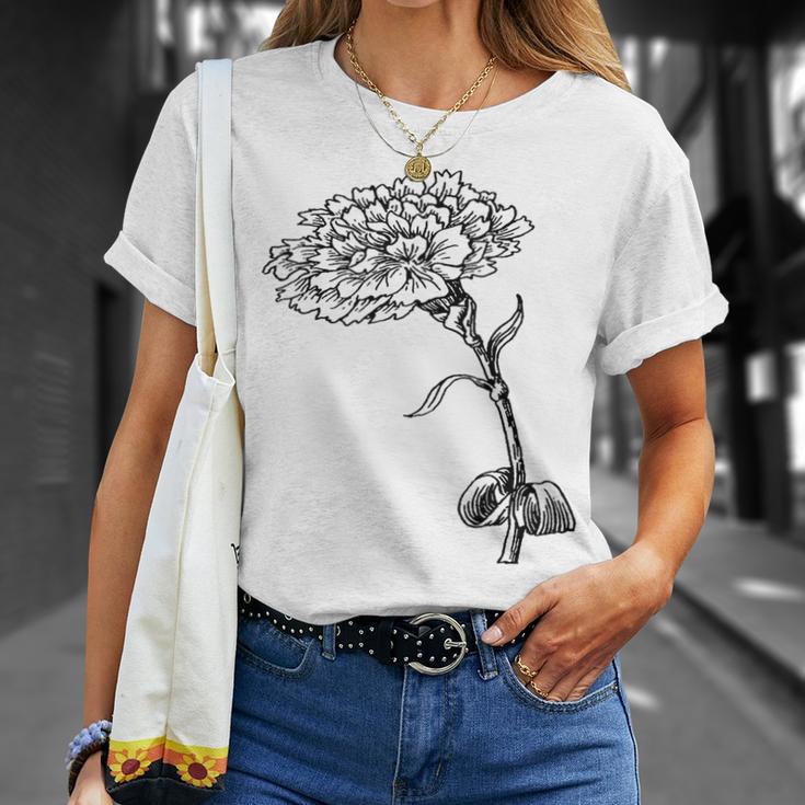 ヴィンテージ カーネーション ボタニカル ライン アート イラスト 黒インク Tシャツ 彼女への贈り物