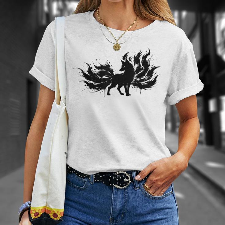九尾の狐 キツネ 妖怪 和風 水墨画 シルエット Tシャツ 彼女への贈り物
