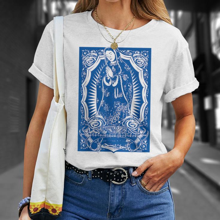 聖母マリア メキシカンブランケット アート ブルー バンダナ プリント ロイヤル Tシャツ 彼女への贈り物