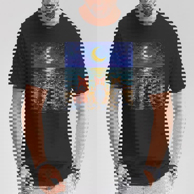 3 コーギーの夜のビーチかわいい犬と三日月のアートワーク Tシャツ 面白い贈り物