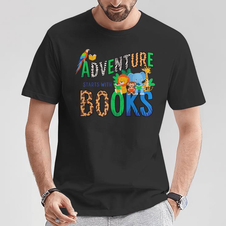 Adventure Starts With Books Jungle Animals Kids Reading Them T-Shirt Unique Gifts