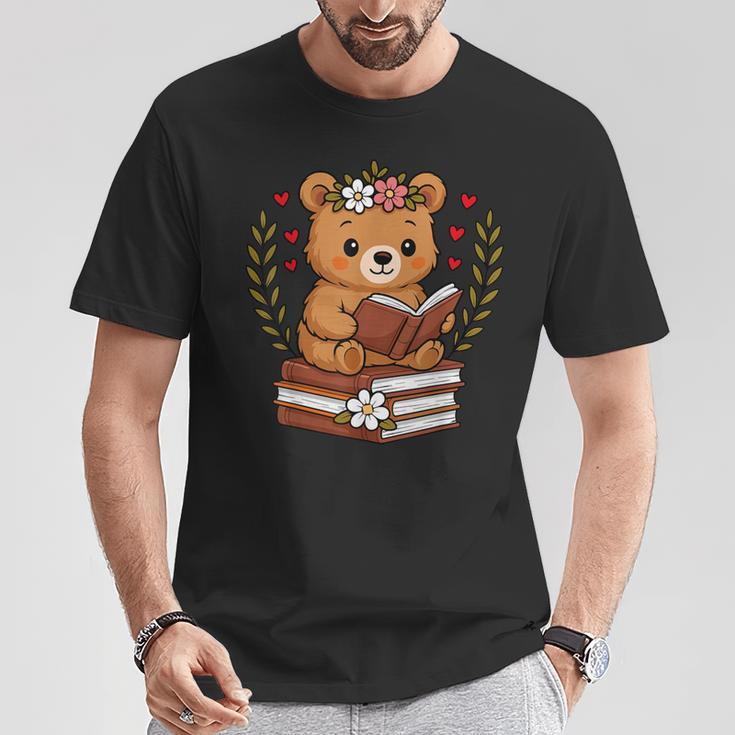 Bear Reading Book Graphic Bear With Book Floral T-Shirt Unique Gifts
