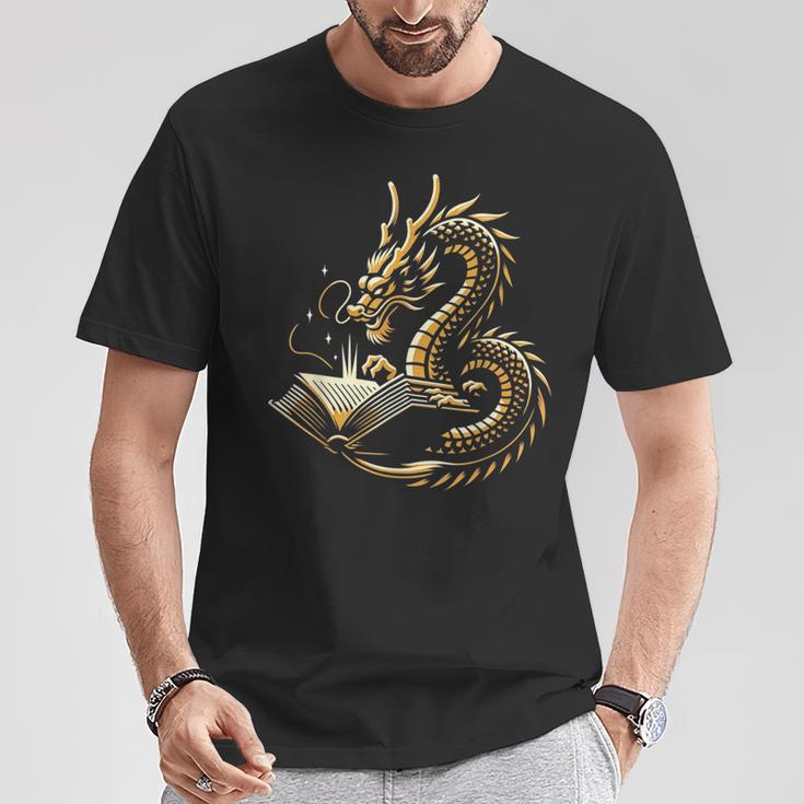 Book Lovers Dragon Fantasy Art Mythical Creatures Yellow Bookworm Chinese Dragon T-Shirt Unique Gifts