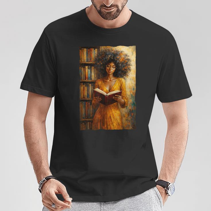 Bookish Melanin Afro Girl Reading Book Bookstore Woman T-Shirt Unique Gifts