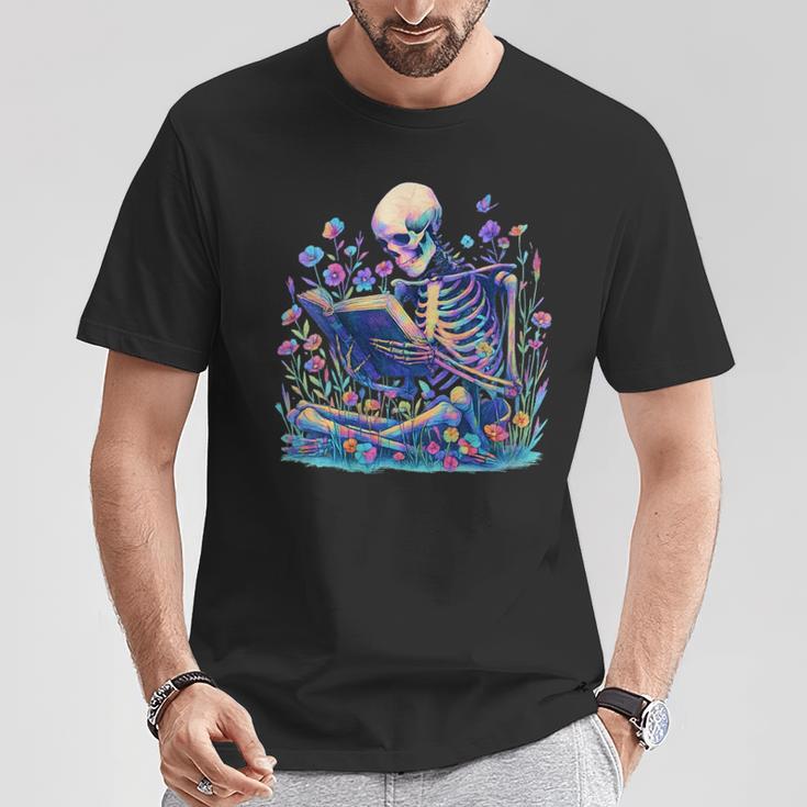 Bookish Skeleton Reading In Wildflowers Book Lover Bookworm T-Shirt Unique Gifts