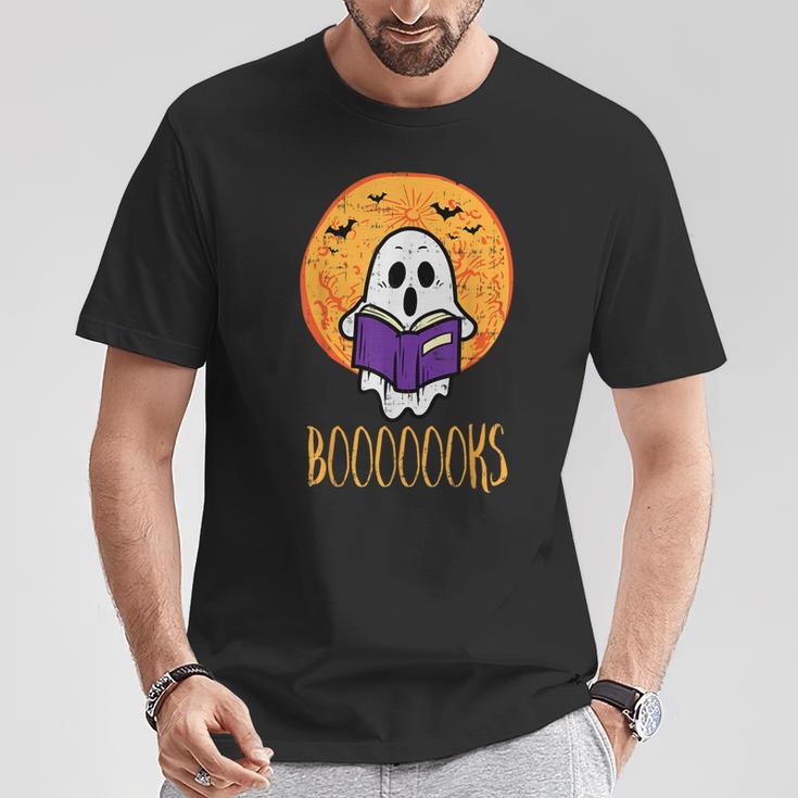 Boooks Moon Ghost Reading Halloween Bookworm Librarian Book T-Shirt Unique Gifts