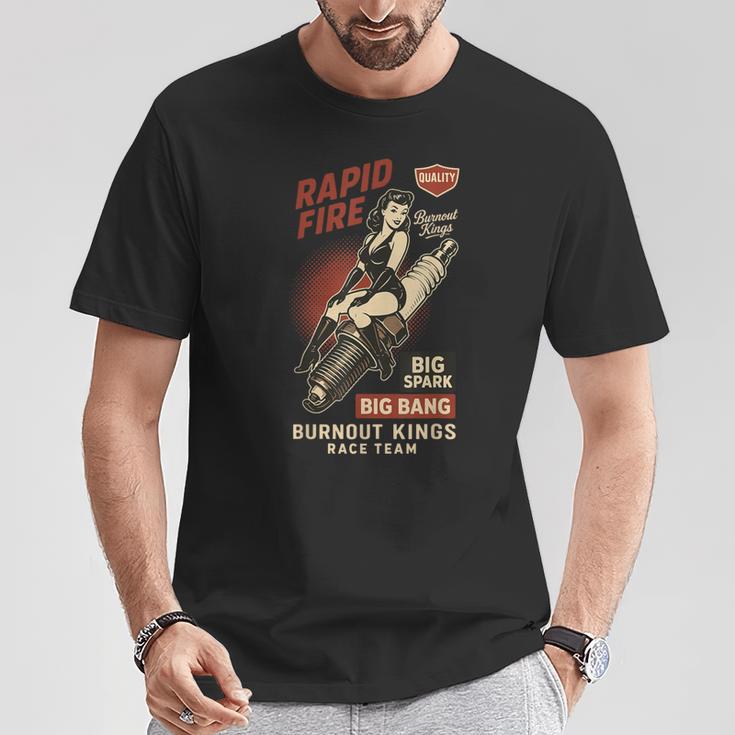 Burnout Kings レトロレーシングスパークプラグガールピンナップ ヴィンテージデザイン Tシャツ 面白い贈り物