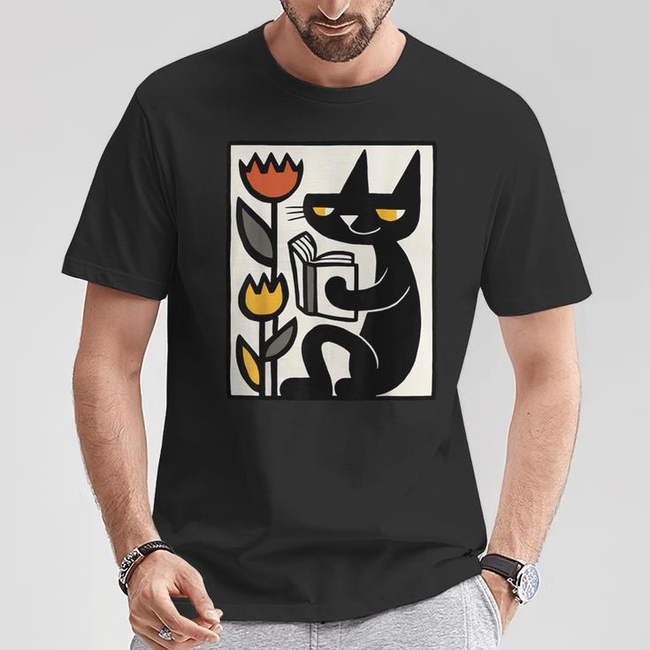 Cat Reading Book Folk Art Cozy Illustration T-Shirt Unique Gifts Cat Reading Book Folk Art Cozy Illustration T-Shirt Unique Gifts