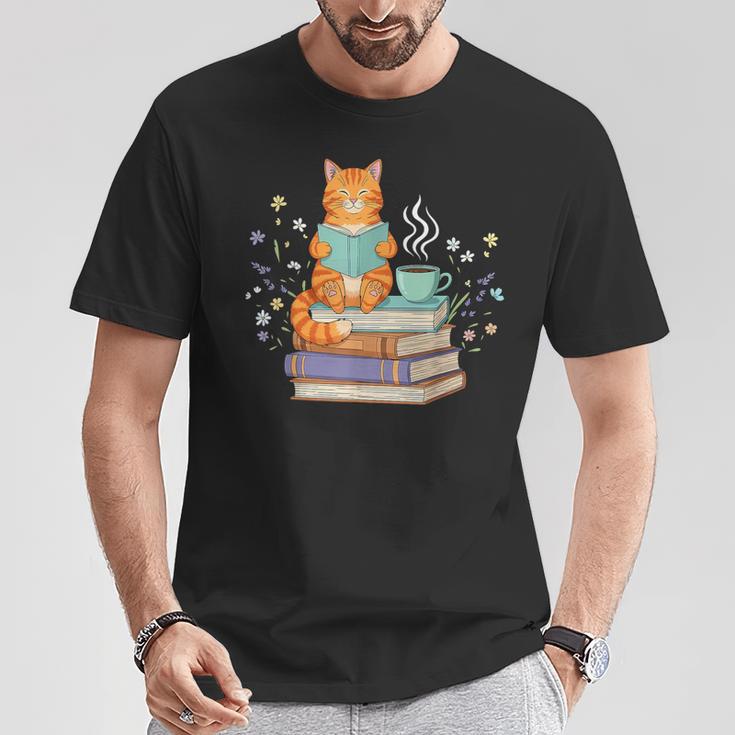 Cat Reading Book Lover Coffee Books Teacher Librarian Cat T-Shirt Unique Gifts
