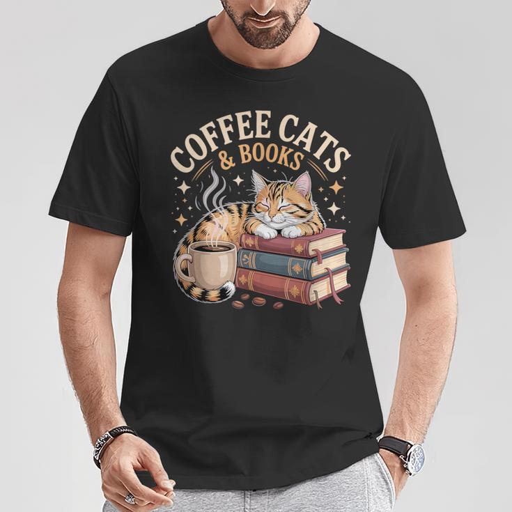 Cozy Reading Cat Coffee And Books Lover Artwork T-Shirt Unique Gifts