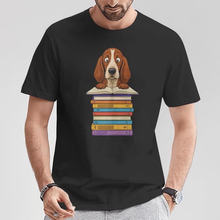 Cute Basset Hound Dog Reading On Pile Of Books T-Shirt Unique Gifts