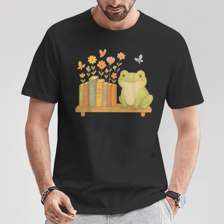 Cute Kawaii Frog Books Flowers T-Shirt Unique Gifts