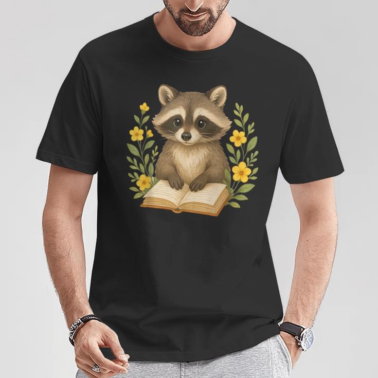 Cute Raccoon Reading Book Flowers Floral T-Shirt Unique Gifts