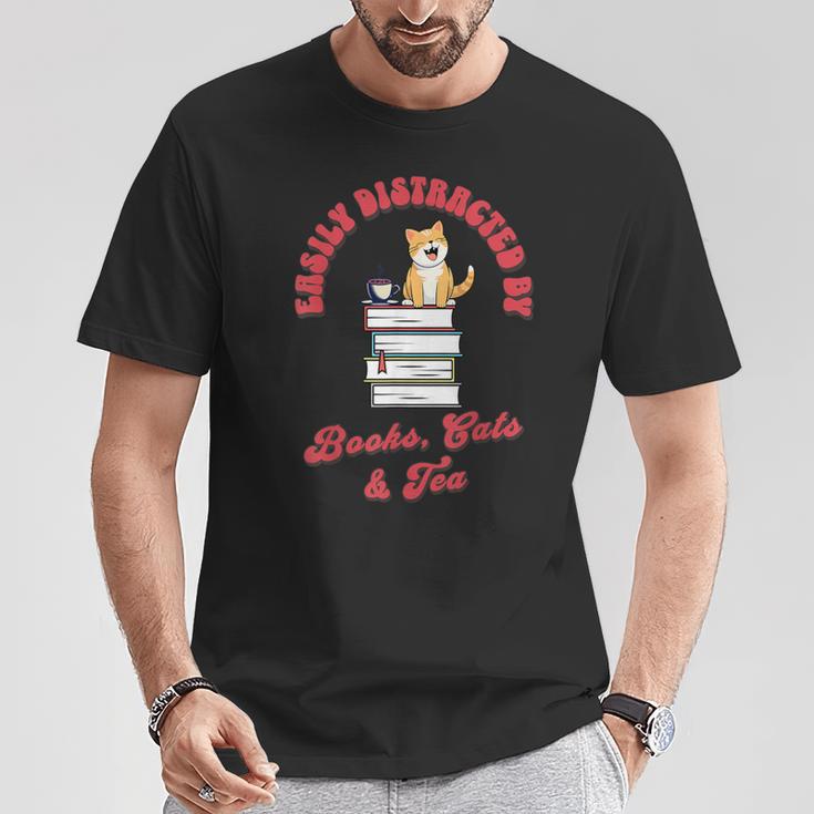 Easily Distracted By Books Cats Tea Book Lovers Librarians T-Shirt Unique Gifts