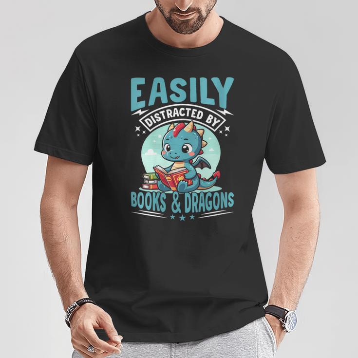 Easily Distracted By Books And Dragons Nerds T-Shirt Unique Gifts