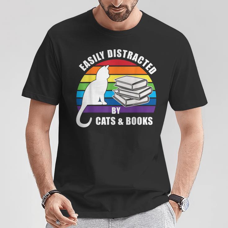Easily Distracted By Cats And Books – Retro Sunset Rainbow T-Shirt Unique Gifts