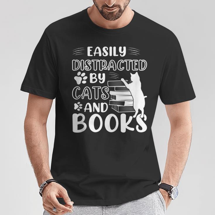 Easily Distracted By Cats And Books Cats & Book Lovers T-Shirt Unique Gifts
