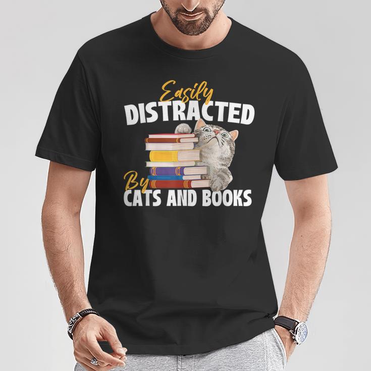 Easily Distracted By Cats And Books Bookworm Pet Lover T-Shirt Unique Gifts