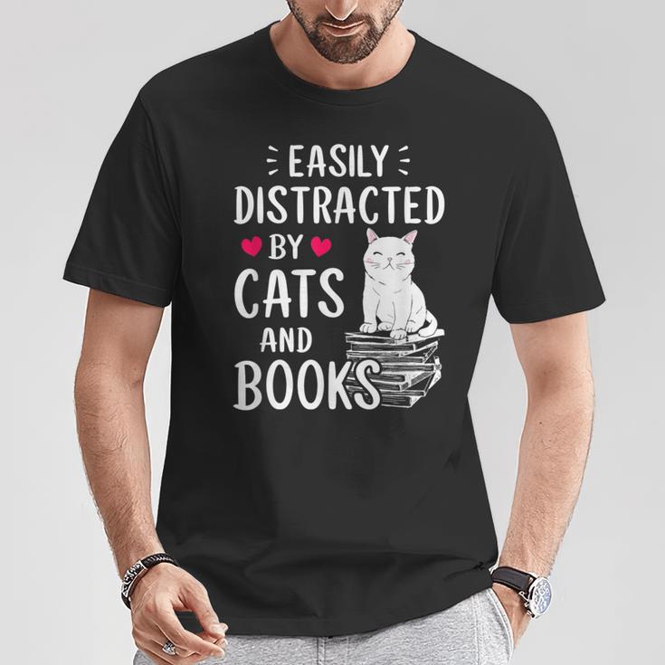Easily Distracted By Cats And Books Cat Lover T-Shirt Unique Gifts