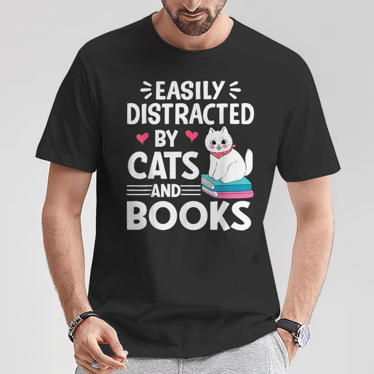 Easily Distracted By Cats And Books Cute Cat And Book Lovers T-Shirt Unique Gifts
