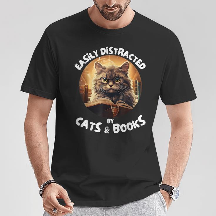 Easily Distracted By Cats And Books Librarians Bibliophiles T-Shirt Unique Gifts