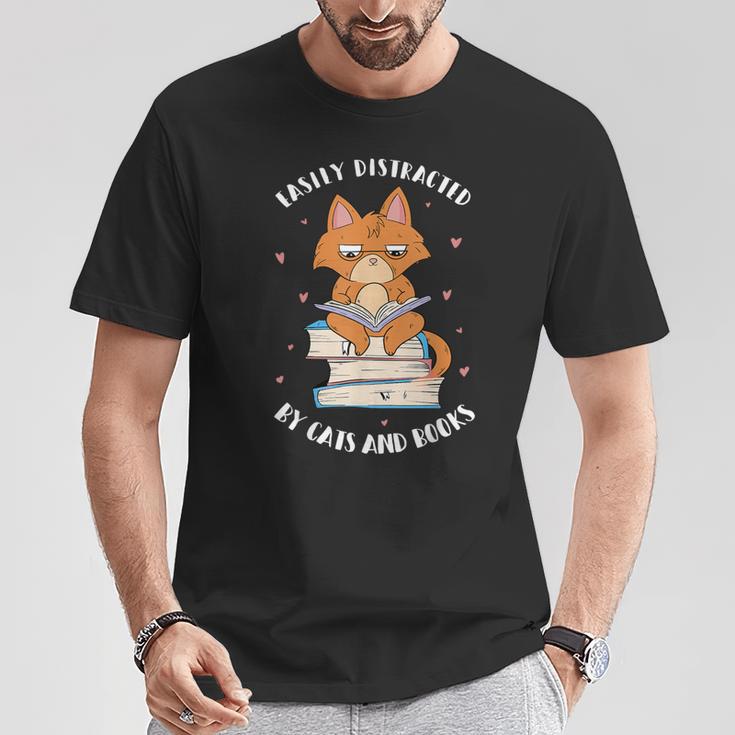 Easily Distracted By Cats And Books Shirts Book Lover T-Shirt Unique Gifts