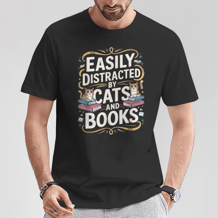 Easily Distracted By Cats And Books T-Shirt Unique Gifts