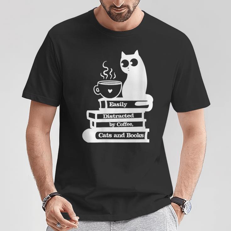 Easily Distracted Cats Coffee And Books T-Shirt Unique Gifts