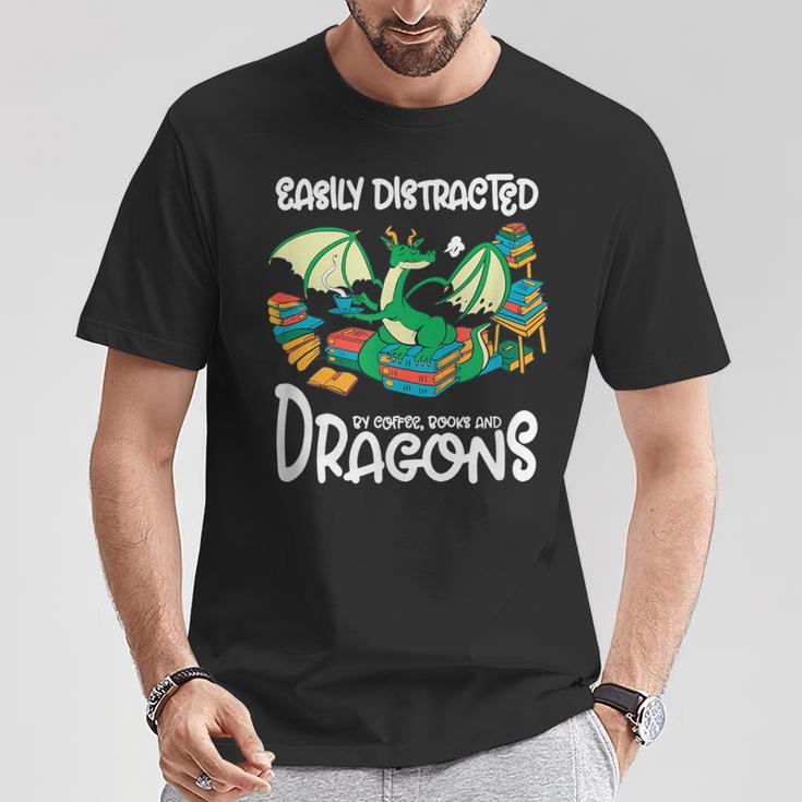 Easily Distracted By Coffee Books And Dragons Fantasy Sci-Fi T-Shirt Unique Gifts