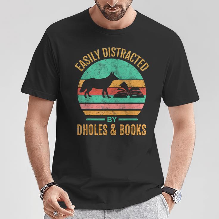 Easily Distracted By Dholes & Books Retro Wild Dogs Lover T-Shirt Unique Gifts