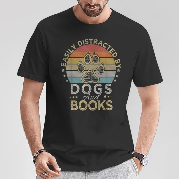 Easily Distracted By Dogs And Books Retro Vintage Dogs Lover T-Shirt Unique Gifts