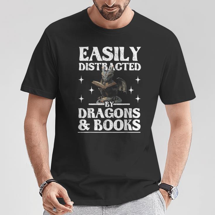 Easily Distracted By Dragons And Books Fantasy Book Lover T-Shirt Unique Gifts
