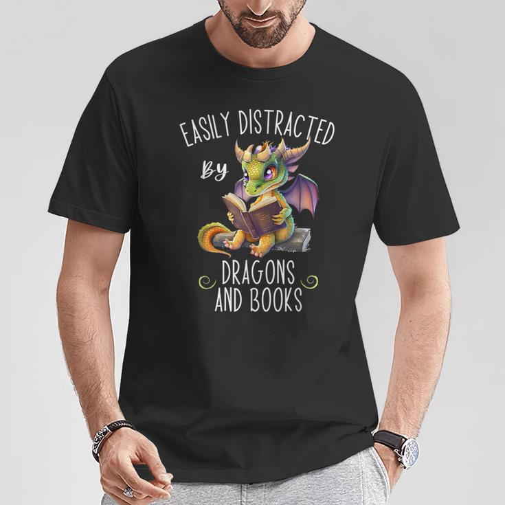Easily Distracted By Dragons And Books Reading & Fantasy T-Shirt Unique Gifts