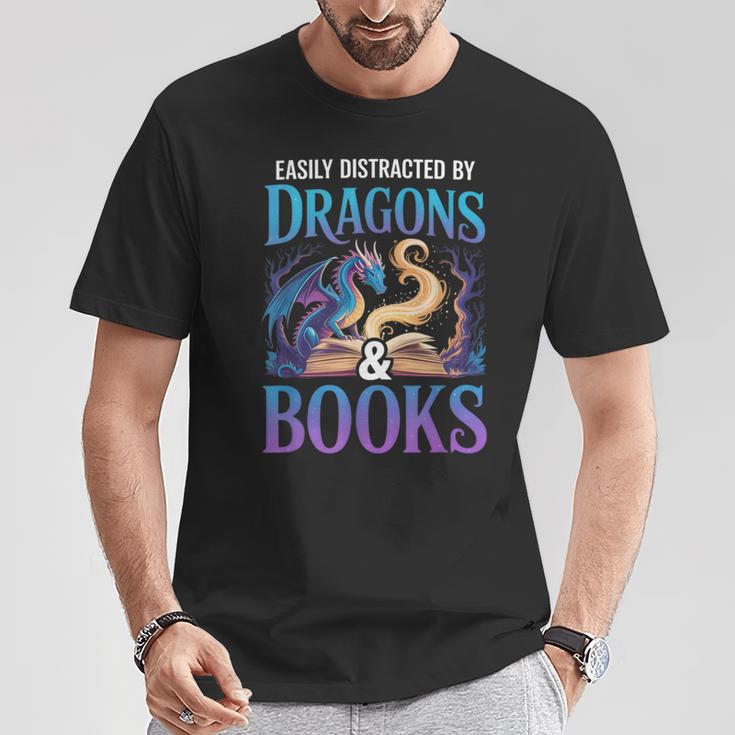 Easily Distracted By Dragons Fantasy Book Reading T-Shirt Unique Gifts