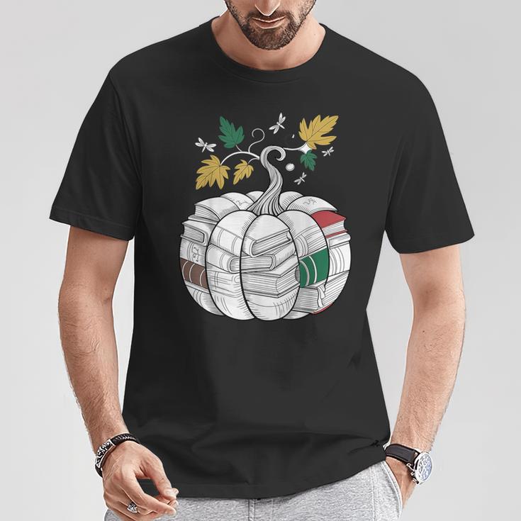 Fall Bookshelf Pumpkin Autumn Reading T-Shirt Unique Gifts