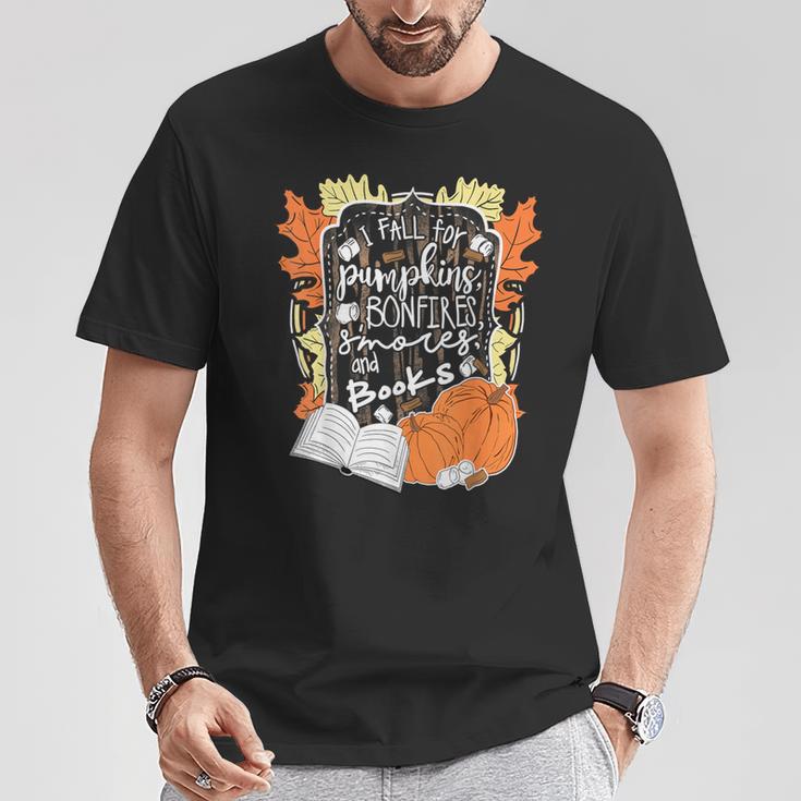 I Fall For Pumpkins Bonfires S'Mores Books Halloween Reader T-Shirt Unique Gifts